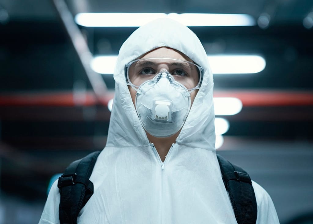 persona-con-maschera-facciale-che-indossa-un-equipaggiamento-protettivo-contro-un-rischio-biologico